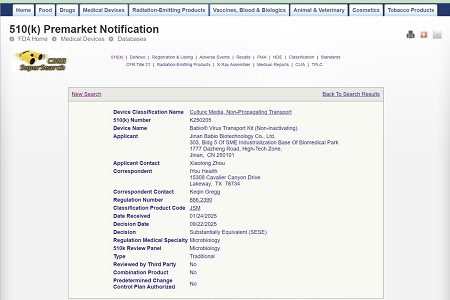 BABIO obtiene la autorización 510(k) de la FDA de EE. UU. para su kit de transporte de virus (no inactivante)